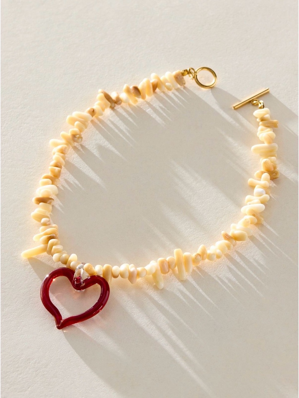 Free People Suplais Heart Necklace Handcrafted Shell & Red Glass NWT